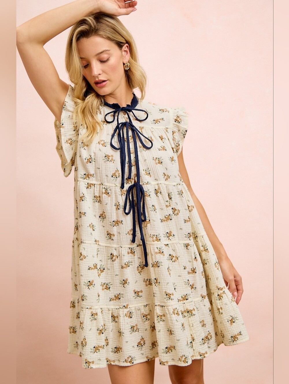 BiBi Floral Multi-tierd Dress With Ruffles And Front Tie- Cream Navy - Picture 10 of 13